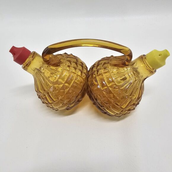 Vtg Amber Glass Oil Vinegar Cruet Set Diamond Pattern Red Yellow Spout Handle - Picture 10 of 13